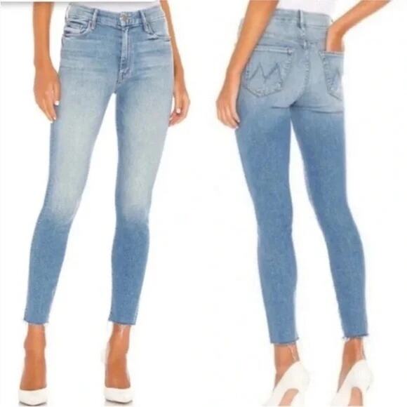 MOTHER High Waisted Looker Ankle Fray Light Wash Au Revoir Denim Stretch Jean 24 - Picture 1 of 11